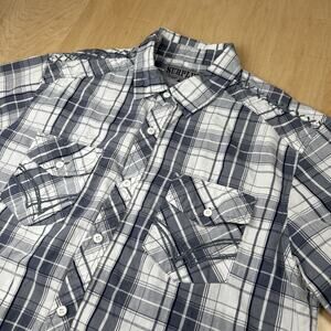 Surplus Mens L Plaid Short Sleeve Button Down Shirt Gray Blue Plaid EX